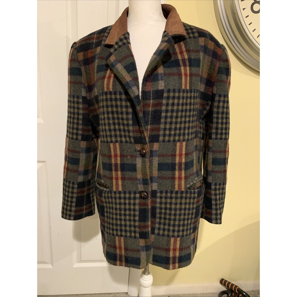 Vintage Equestrian Plaid Patchwork Hunt Jacket Leather Collar Wool Blend Sz M